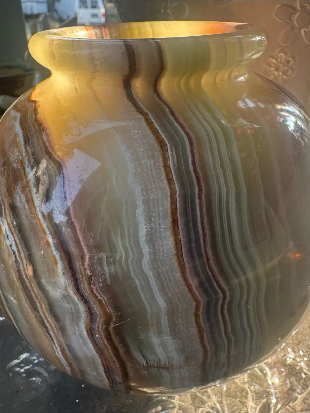 Vintage Polychrome Onyx Stone Vase in Pink, Brown & Green